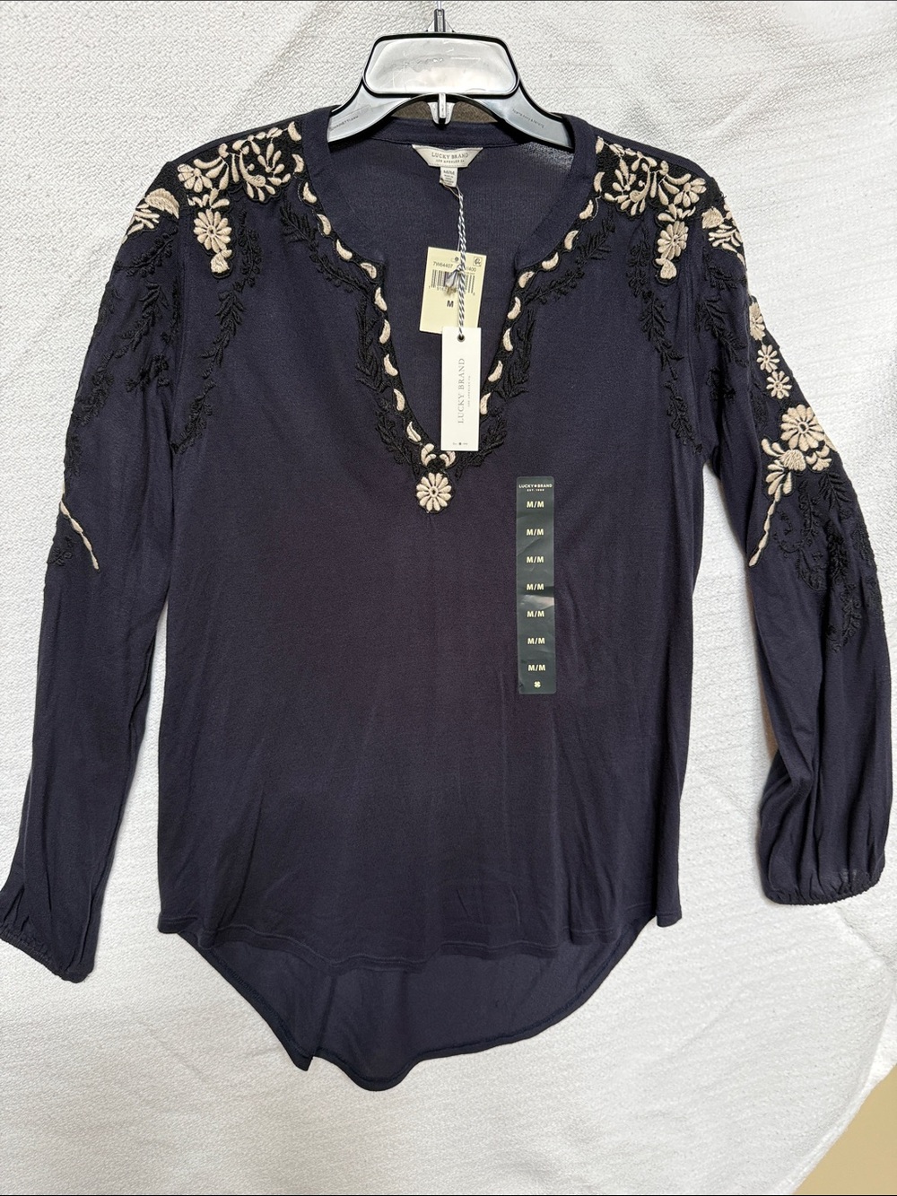 Lucky Brand Navy Embroidered V-Neck Long-Sleeve Top